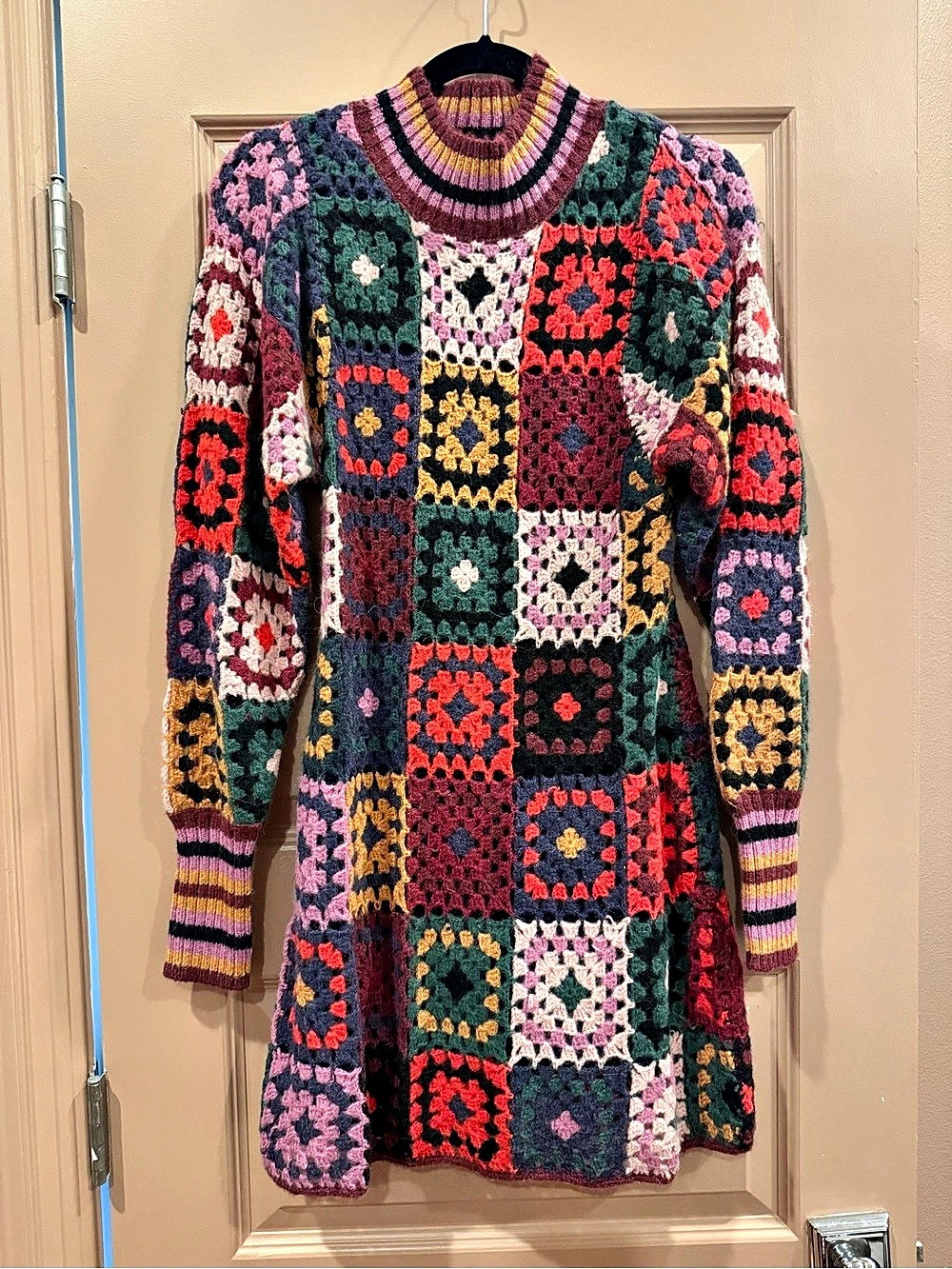 Farm Rio Granny Square Crochet Sweater Dress Multicolor XS